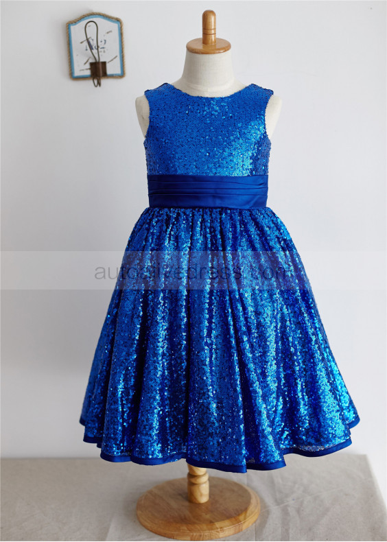 Royal Blue Sequin Knee Length Flower Girl Dress  Royal Blue Sequin Knee Length Flower Girl Dress